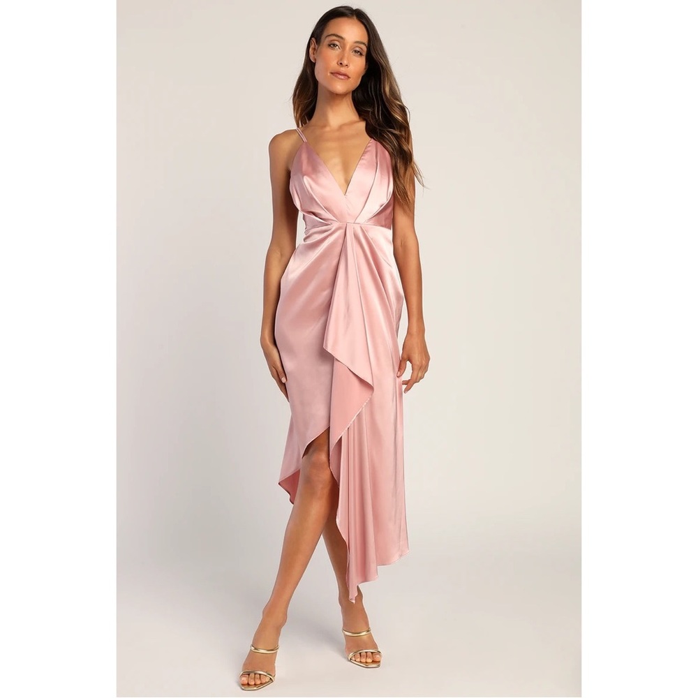 Blush Satin Ruffled Midi Dress